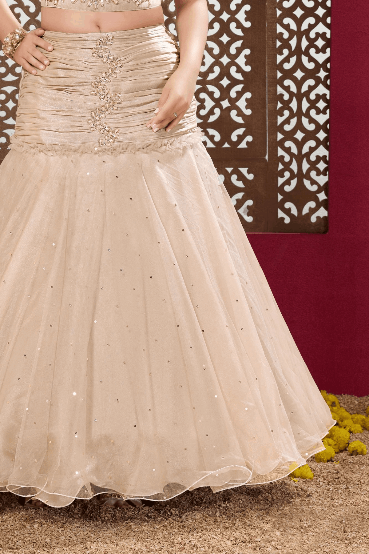 Champagne Gold Mermaid Style Kids Lehenga Choli with Pearl Embroidery