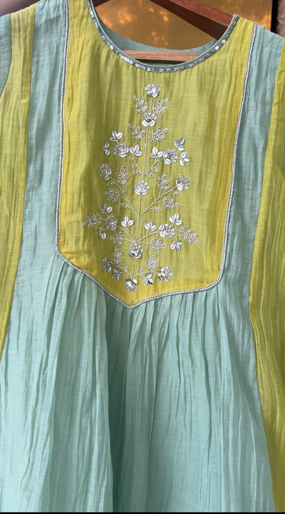 Mint Green and Yellow Mul chanderi Suit| Ready to Ship| Limited Sets