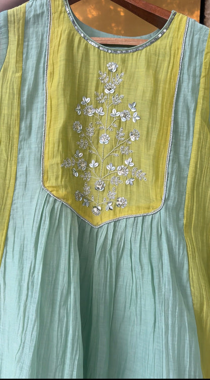 Mint Green and Yellow Mul chanderi Suit| Ready to Ship| Limited Sets