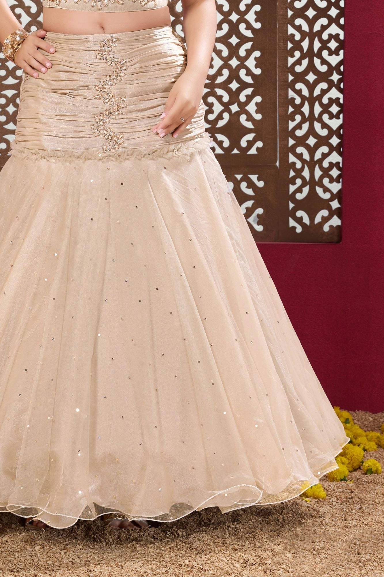 Champagne Gold Mermaid Style Kids Lehenga Choli with Pearl Embroidery