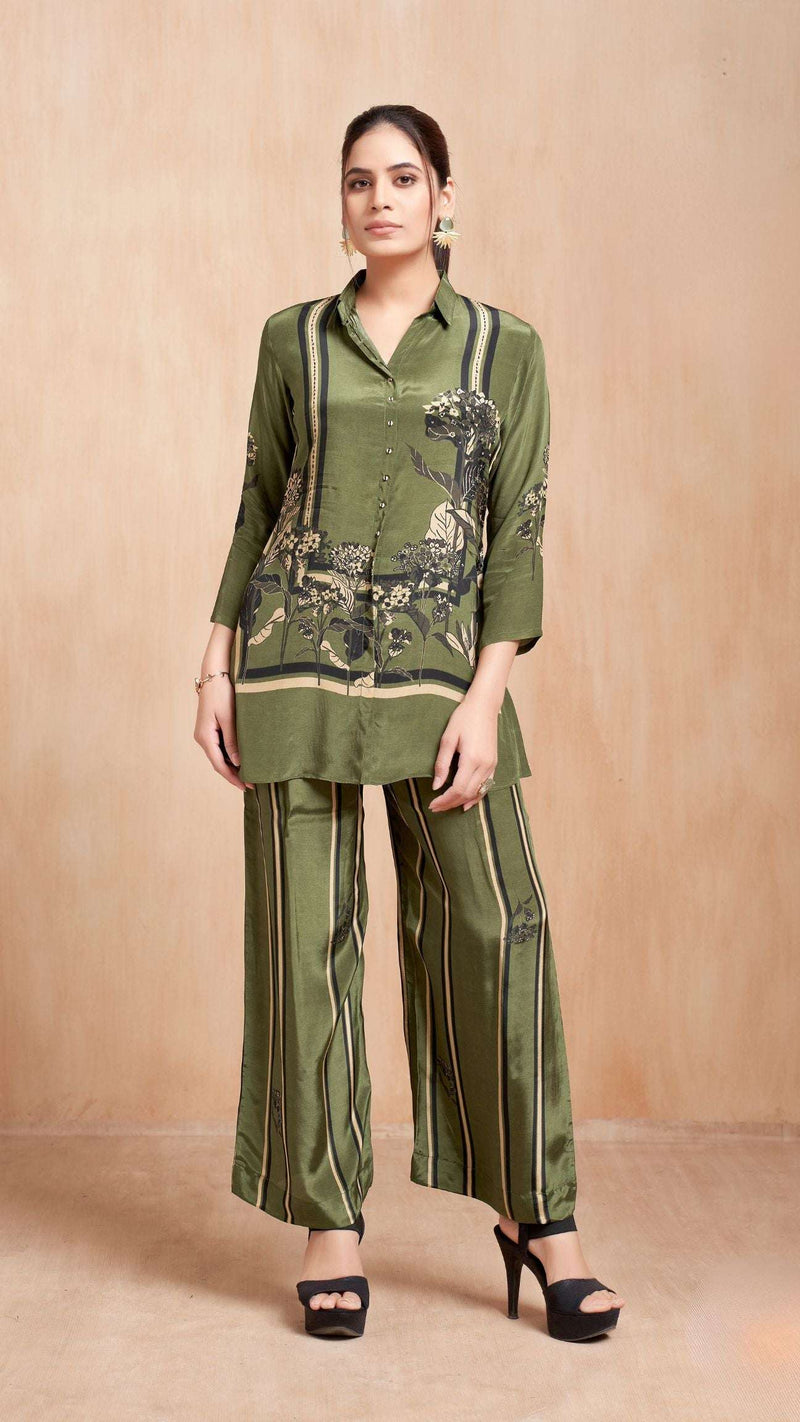 Olive Striped Floral Kurta Set