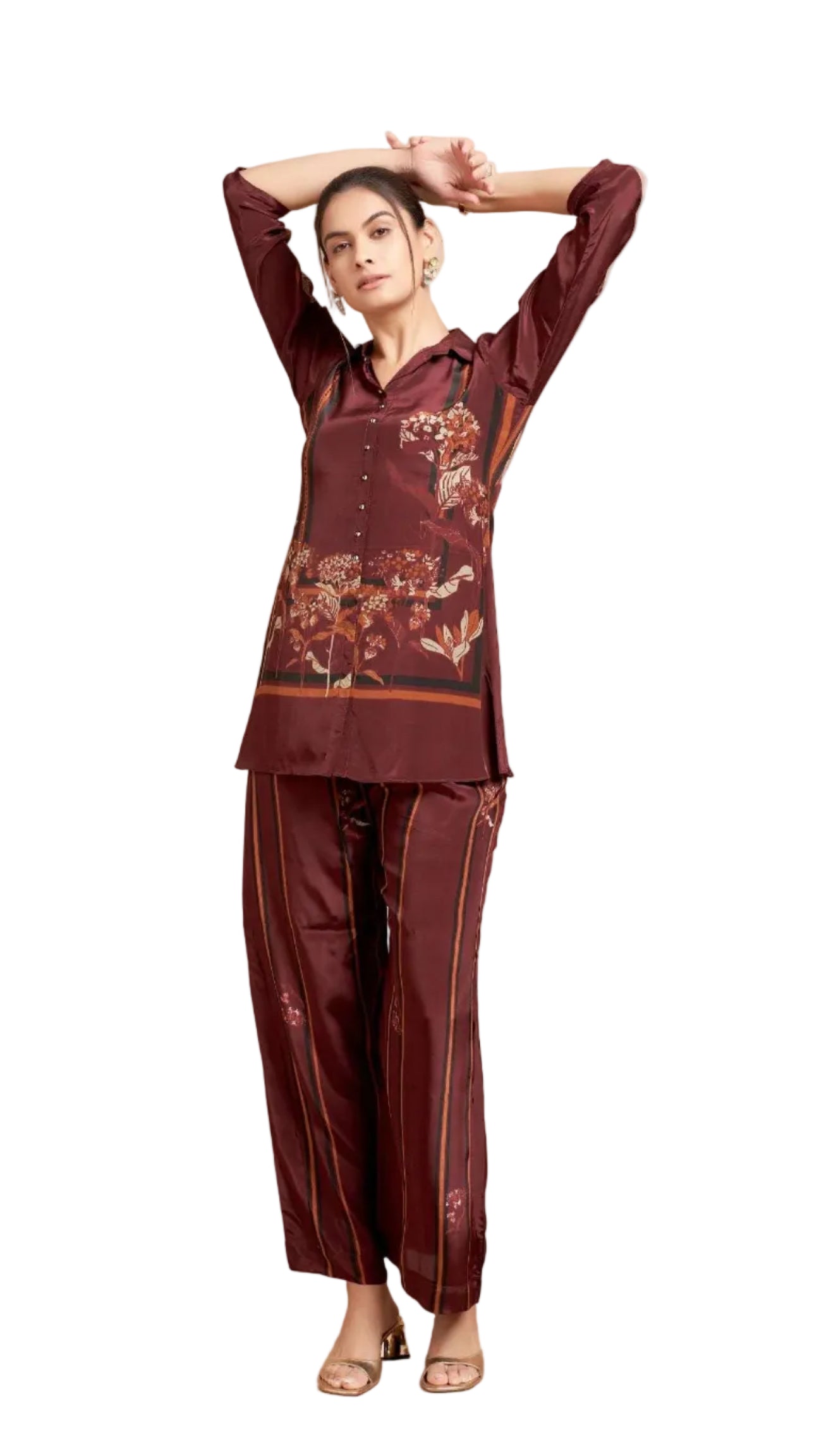 Maroon Striped Floral Kurta Set