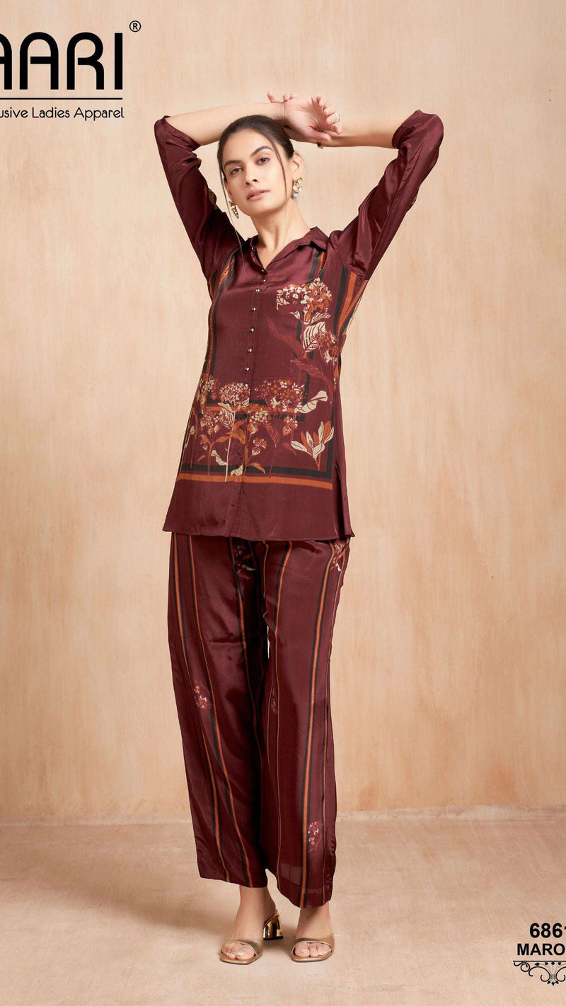 Maroon Striped Floral Kurta Set