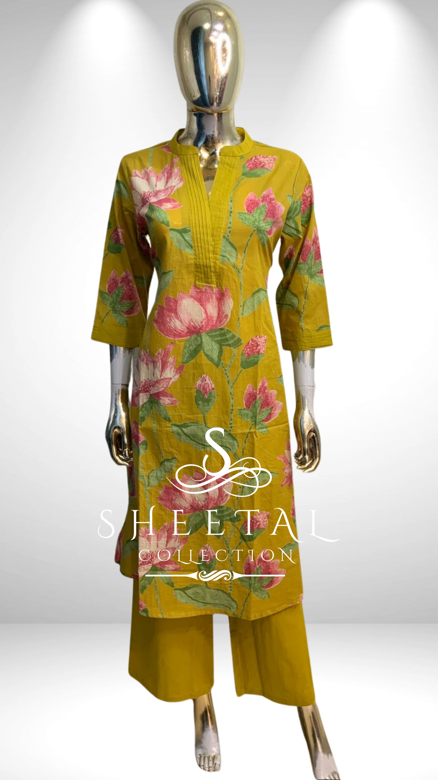 Mustard Yellow Pink Lotus Print Cotton 2 piece suit