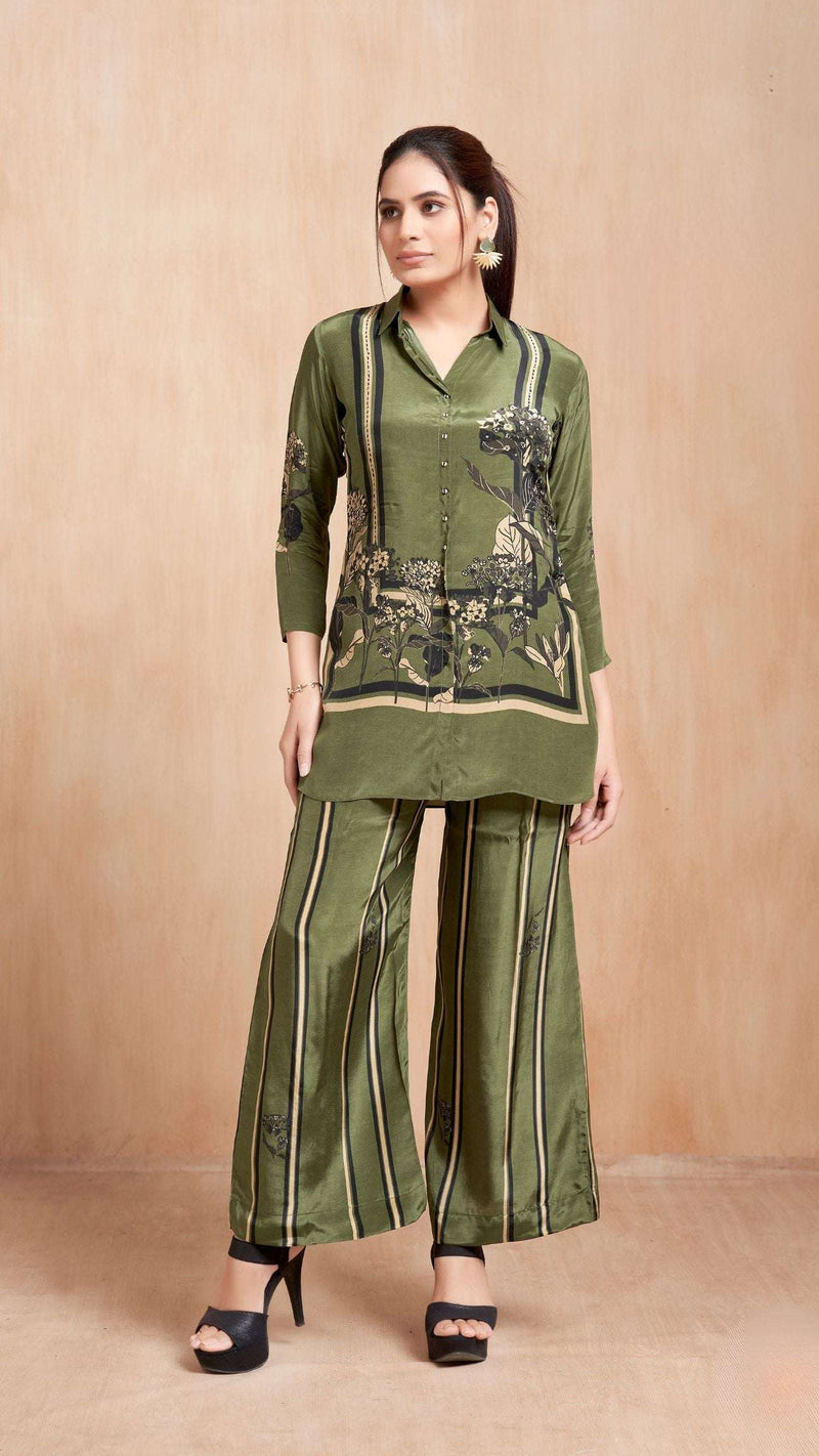 Olive Striped Floral Kurta Set