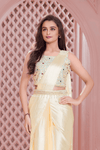 Pastel Yellow Satin Pre-Draped Saree Style Lehenga with Stone Embroidery