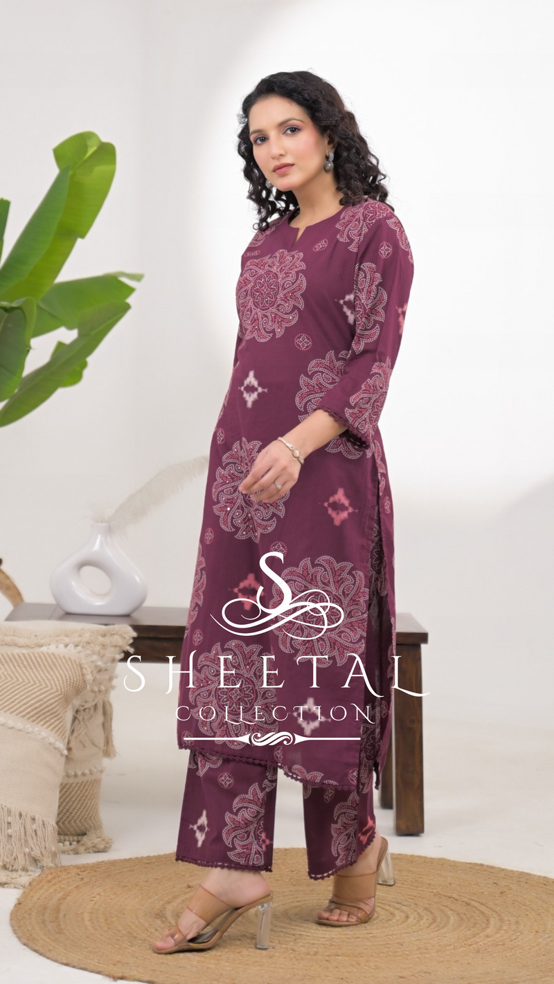 Plum Cotton Printed 2-Piece Suit Set