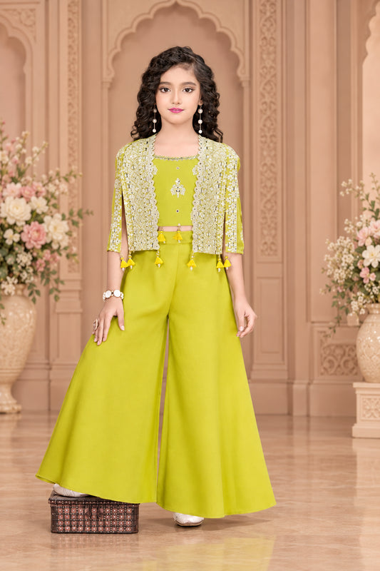 Girls Embroidered Lace Shrug Palazzo Set