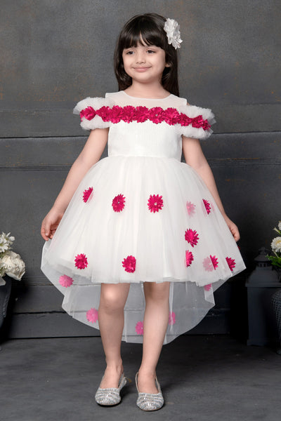 White & Pink Flower Applique Off Shoulder Party Frock for Girls