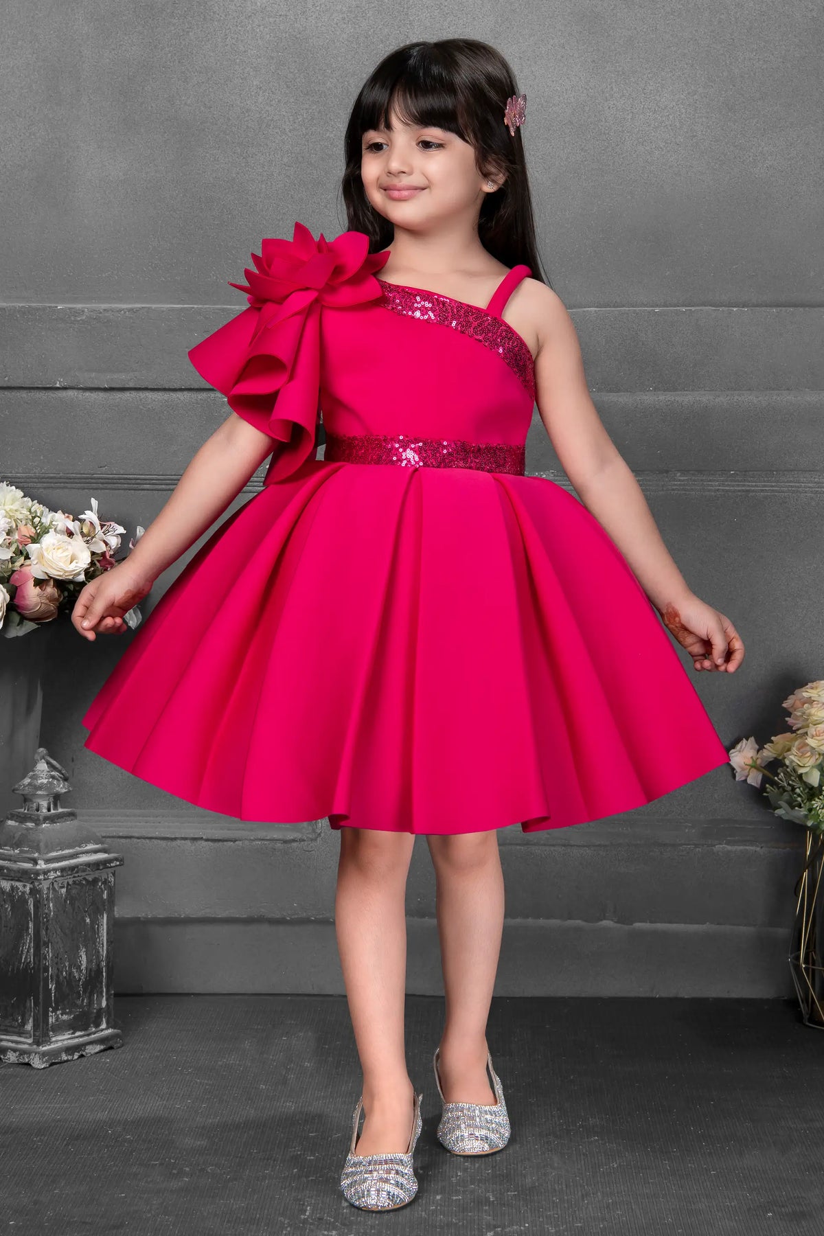 Hot Pink Sequin One Shoulder Petal Sleeve Party Frock for Girls
