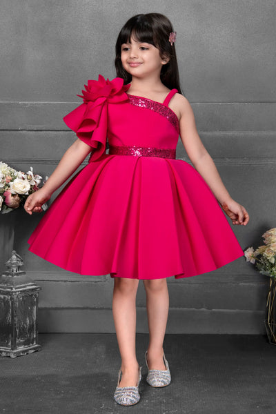 Hot Pink Sequin One Shoulder Petal Sleeve Party Frock for Girls