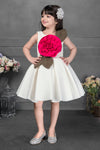 Ivory Fit-and-Flare Dress with Hot Pink 3D Rose and Olive Green Leaf Accent for Girls