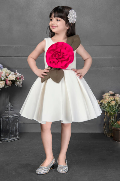 Ivory Fit-and-Flare Dress with Hot Pink 3D Rose and Olive Green Leaf Accent for Girls