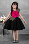 Black & Magenta Rose Applique Party Frock with Leaf Detail for Girls