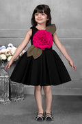 Black & Magenta Rose Applique Party Frock with Leaf Detail for Girls