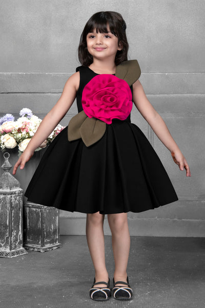 Black & Magenta Rose Applique Party Frock with Leaf Detail for Girls