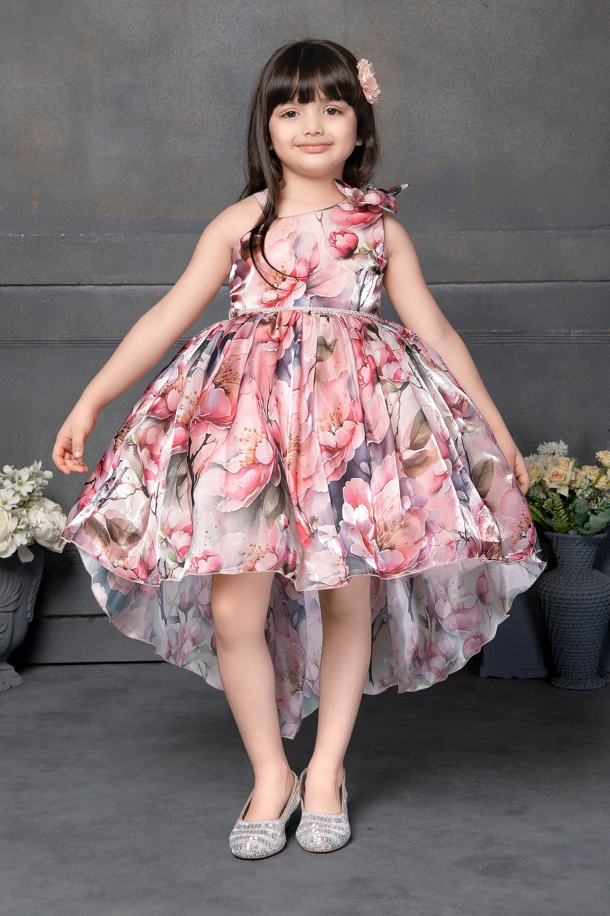 Pink Floral Print High-Low Hem Party Frock for Girls