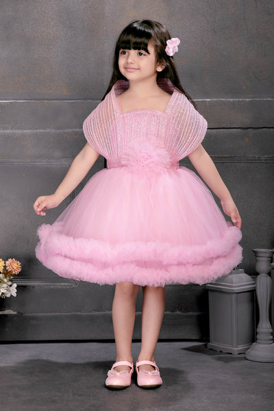 Baby Pink Shimmer Tulle Cloud Puff Sleeve Party Frock for Girls