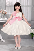 Off-White Satin Gown with Pink Shimmer Ruffle Sash for Girls Tags