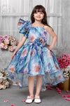 Sky Blue Floral Print High-Low Hem Party Gown with Ruffled Shoulder for Girls