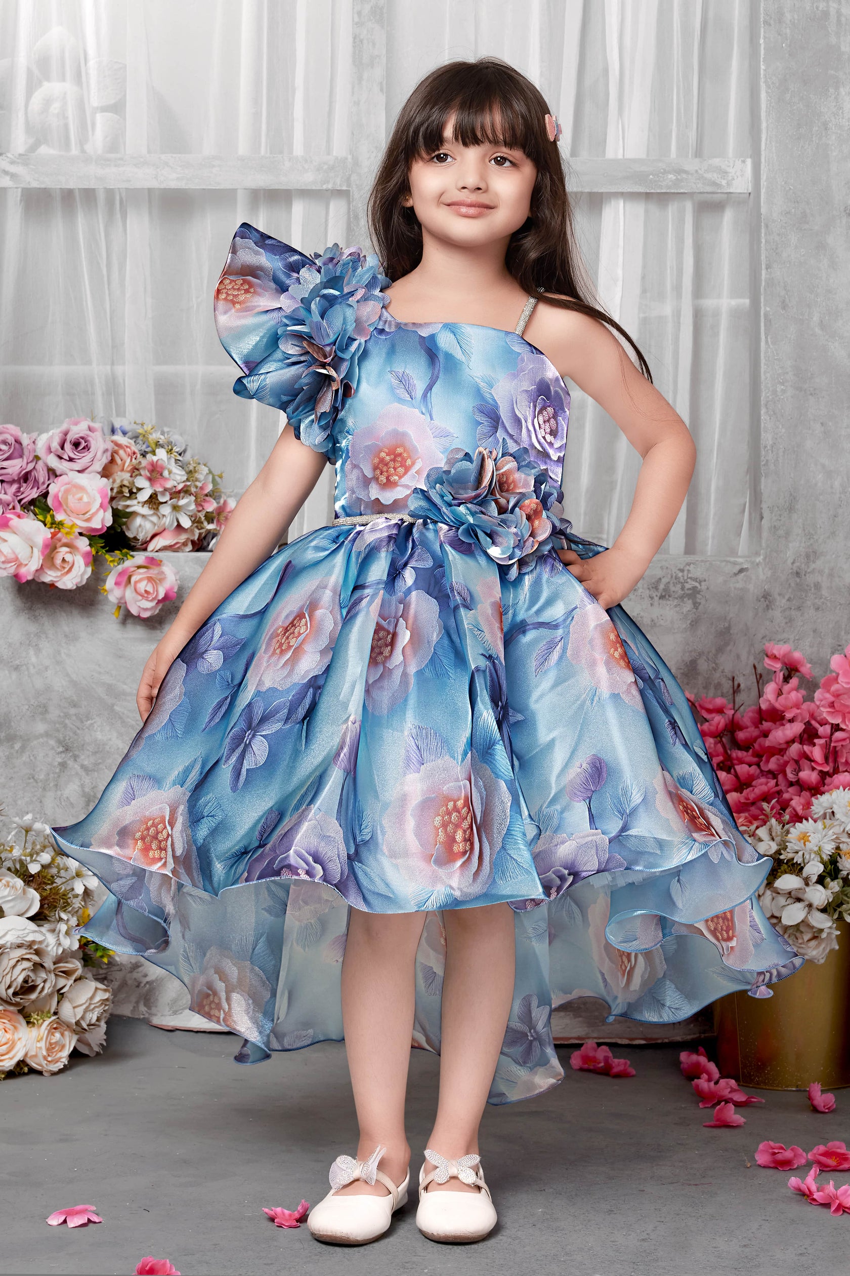Sky Blue Floral Print High-Low Hem Party Gown with Ruffled Shoulder for Girls