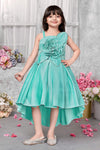 Turquoise Satin High-Low Hem Ball Gown with Oversized Rose for Girls