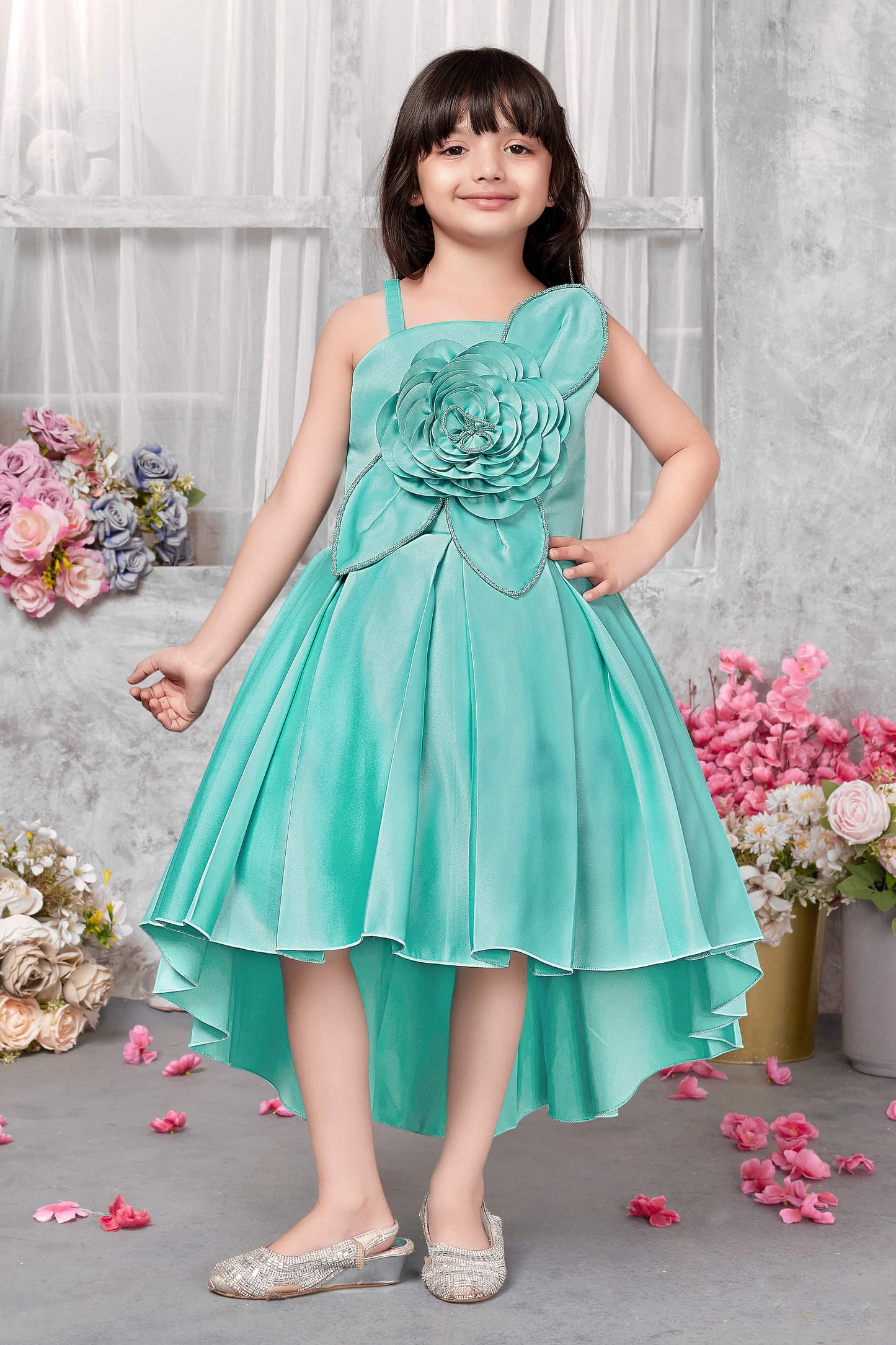 Turquoise Satin High-Low Hem Ball Gown with Oversized Rose for Girls