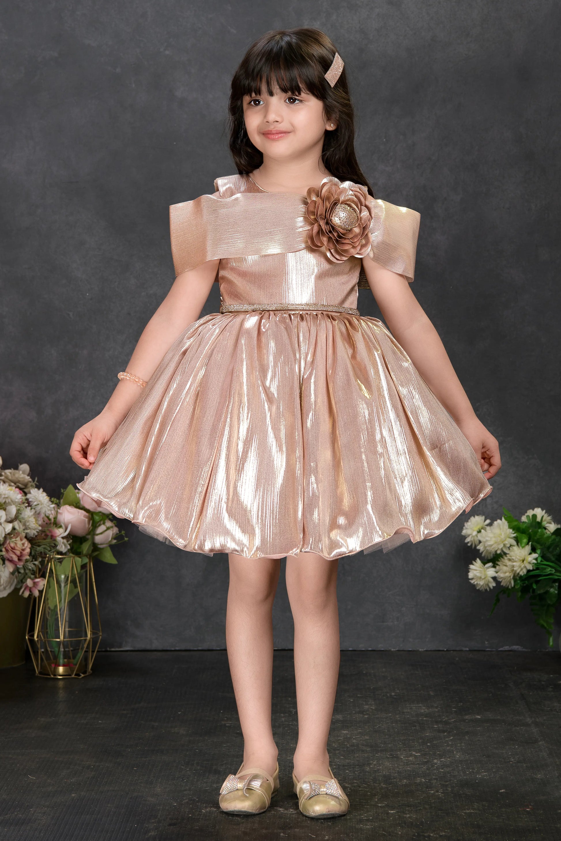 Rose Gold Metallic Shimmer Party Dress with Cap Sleeves and Flower App Sheetal Collection Rose Gold Metallic Shimmer Party Dress with Cap Sleeves and Flower App Sheetal Collection