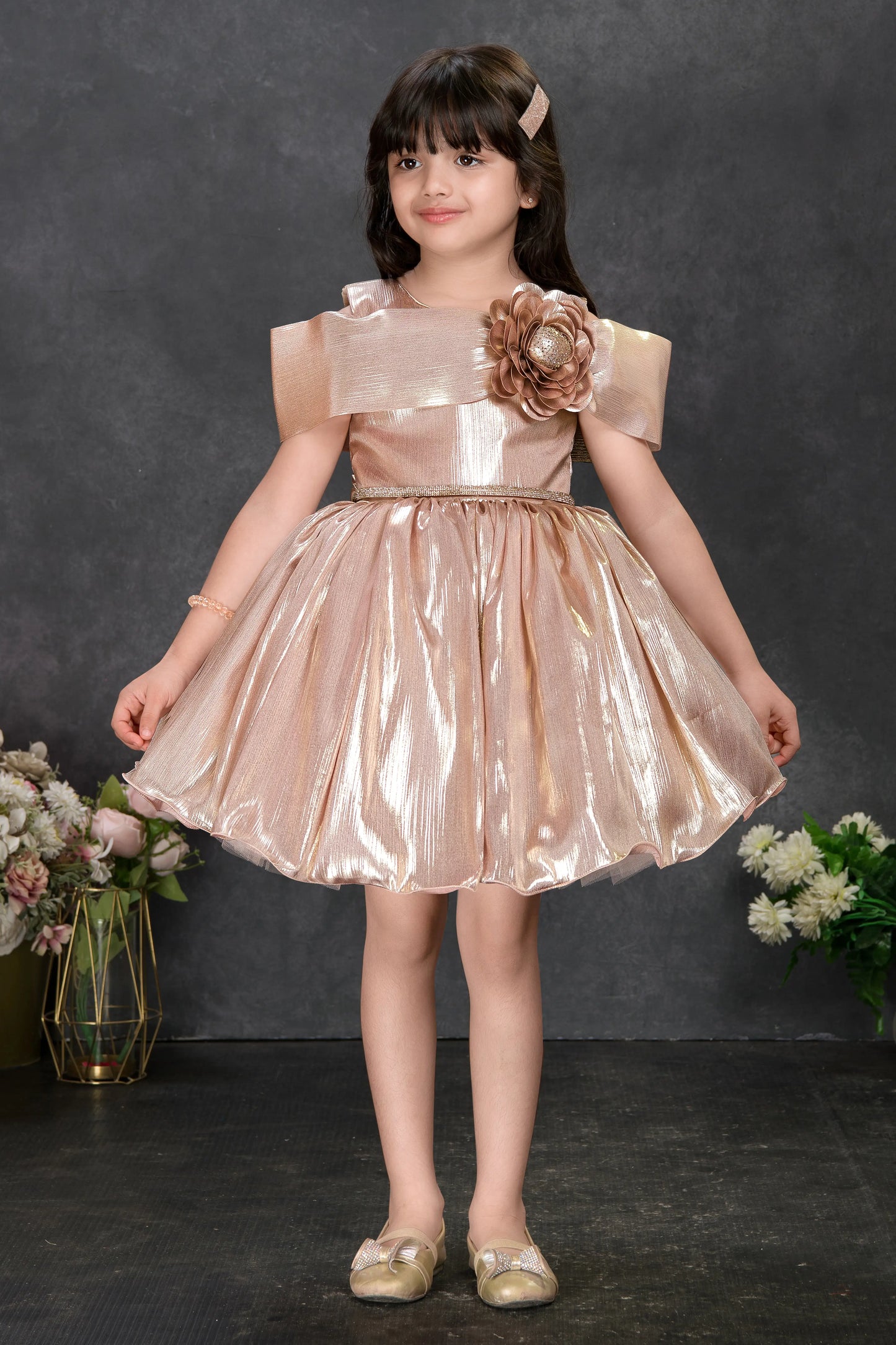 Rose Gold Metallic Shimmer Party Dress with Cap Sleeves and Flower Applique for Girls