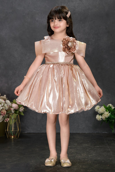 Rose Gold Metallic Shimmer Party Dress with Cap Sleeves and Flower Applique for Girls
