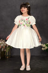 Ivory White Satin Dress with Puff Sleeves and Embroidered Botanical Garden Bodice for Girls