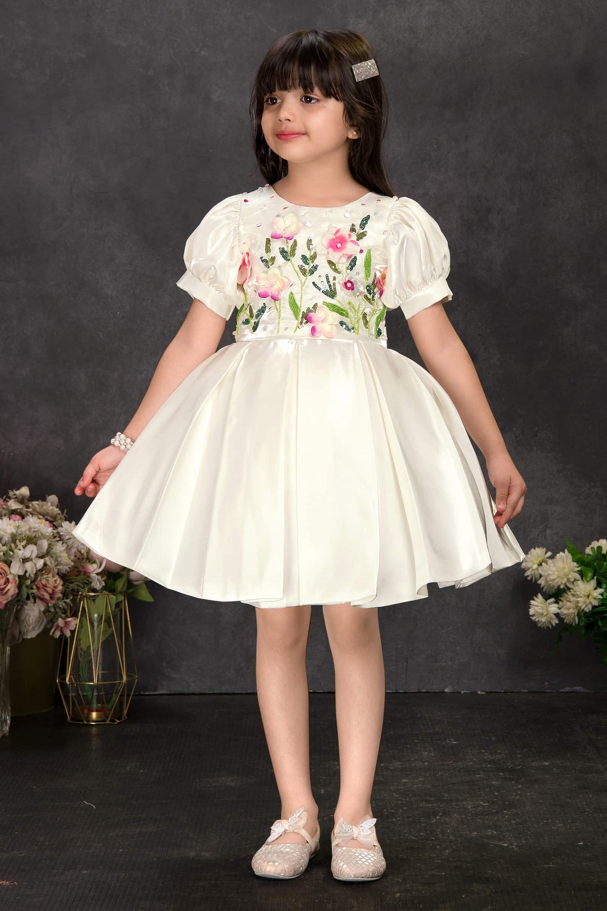 Ivory White Satin Dress with Puff Sleeves and Embroidered Botanical Garden Bodice for Girls