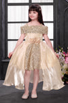 Champagne Gold Sequined High-Low Gown with Off-Shoulder Sleeves and Rose Waist Belt for Girls