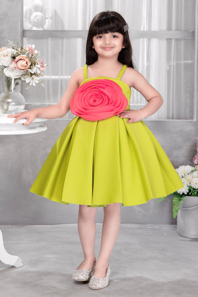 Lime Green Fit-and-Flare Dress with Oversized Pink Rosette Accent for Girls