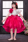 Hot Pink and Silver Sequin High-Low Dress with Flutter Sleeves and 3D Rosette for Girls