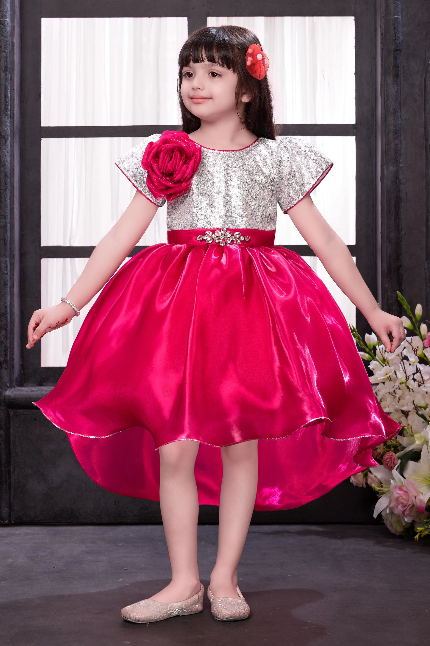 Hot Pink and Silver Sequin High-Low Dress with Flutter Sleeves and 3D Rosette for Girls