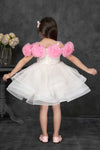 Ivory White Tulle Ball Gown with Pink Rosette Sleeves and Sparkle Overlay for Girls