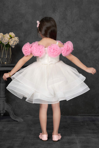 Ivory White Tulle Ball Gown with Pink Rosette Sleeves and Sparkle Overlay for Girls
