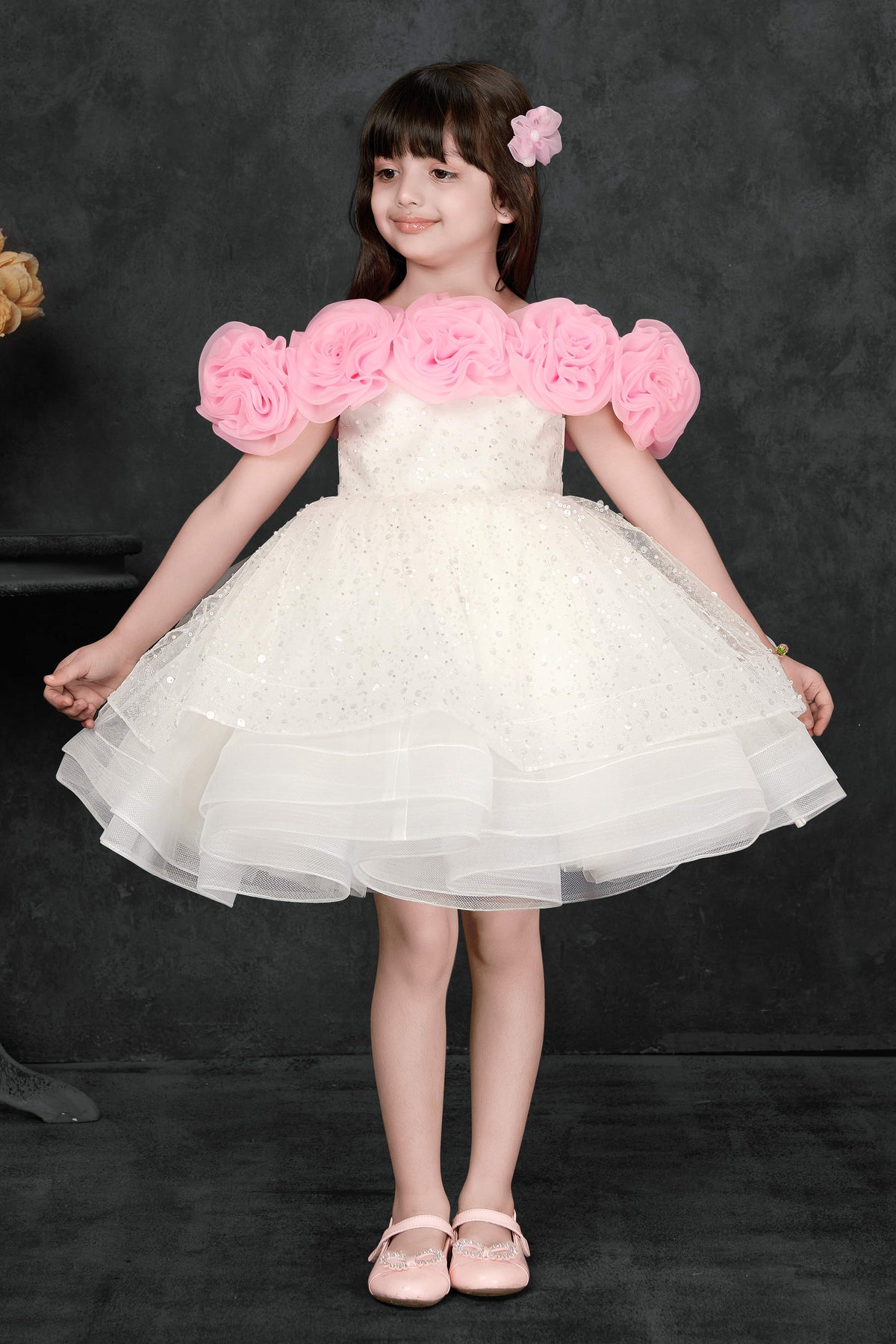 Ivory White Tulle Ball Gown with Pink Rosette Sleeves and Sparkle Overlay for Girls