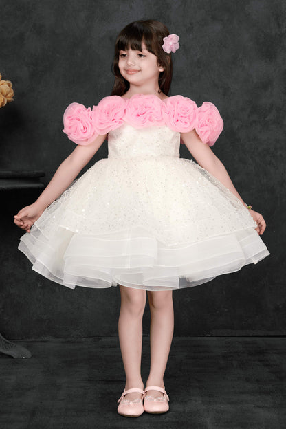 Ivory White Tulle Ball Gown with Pink Rosette Sleeves and Sparkle Overlay for Girls