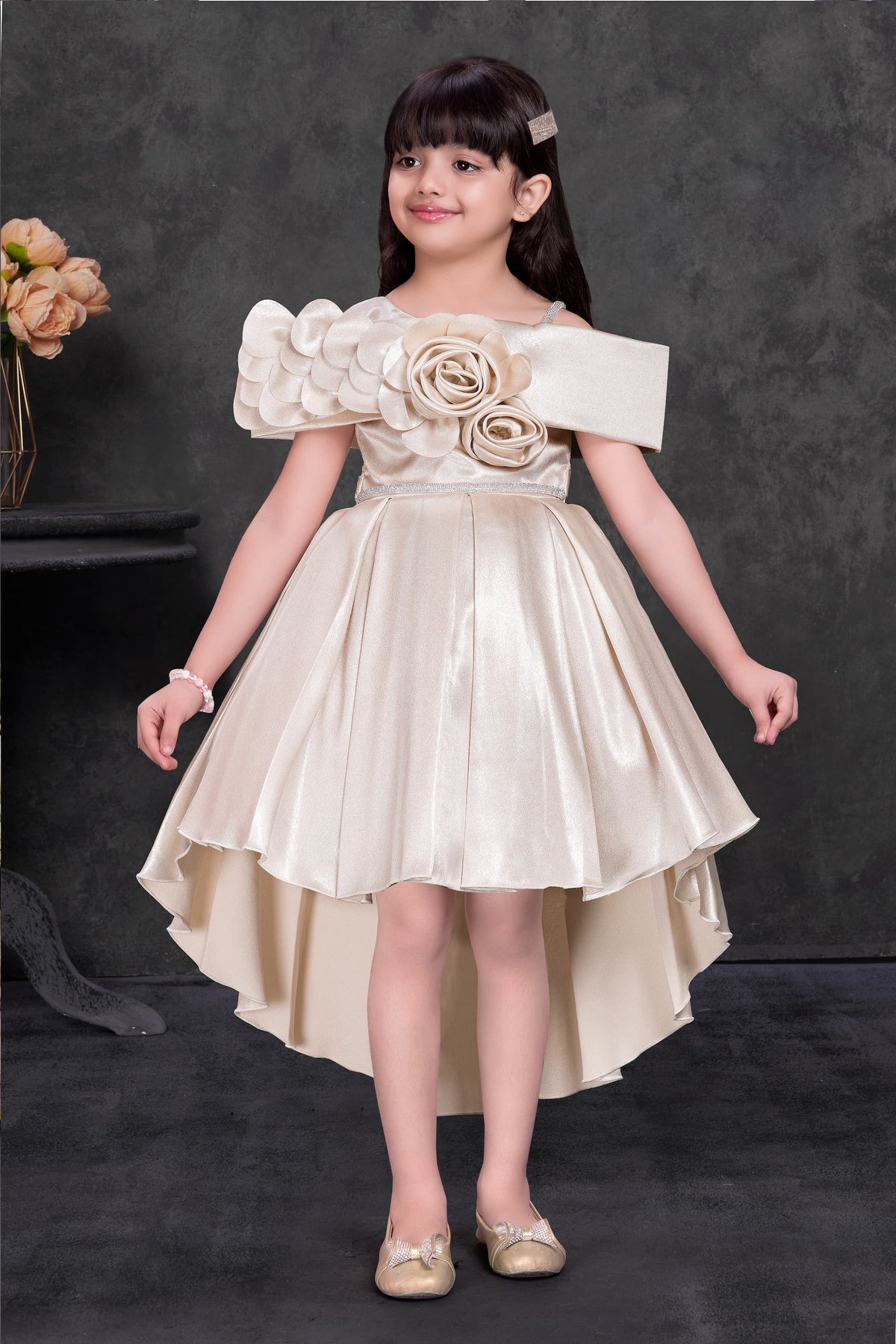 Light Gold Frock With 3D flowers in High Low Pattern