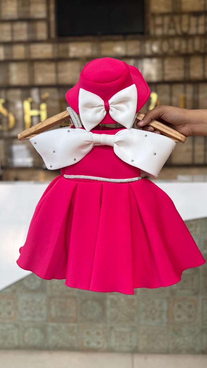 Hot Pink Bow Frock With Attractive Hat