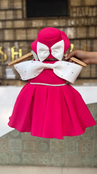 Hot Pink Bow Frock With Attractive Hat
