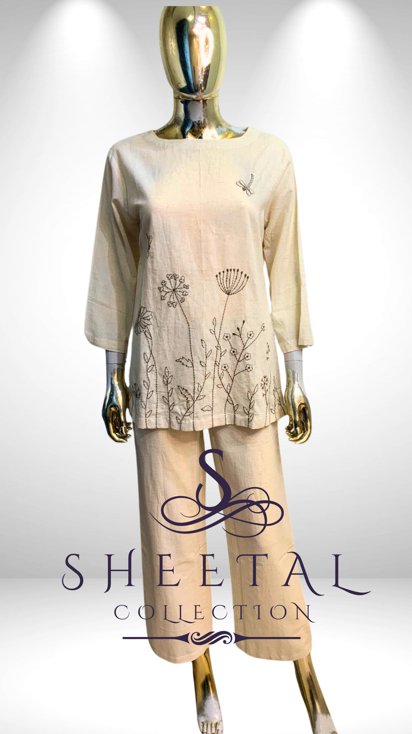 Cream Khadi Floral Embroidery Co-ord Set