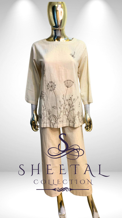 Cream Khadi Floral Embroidery Co-ord Set