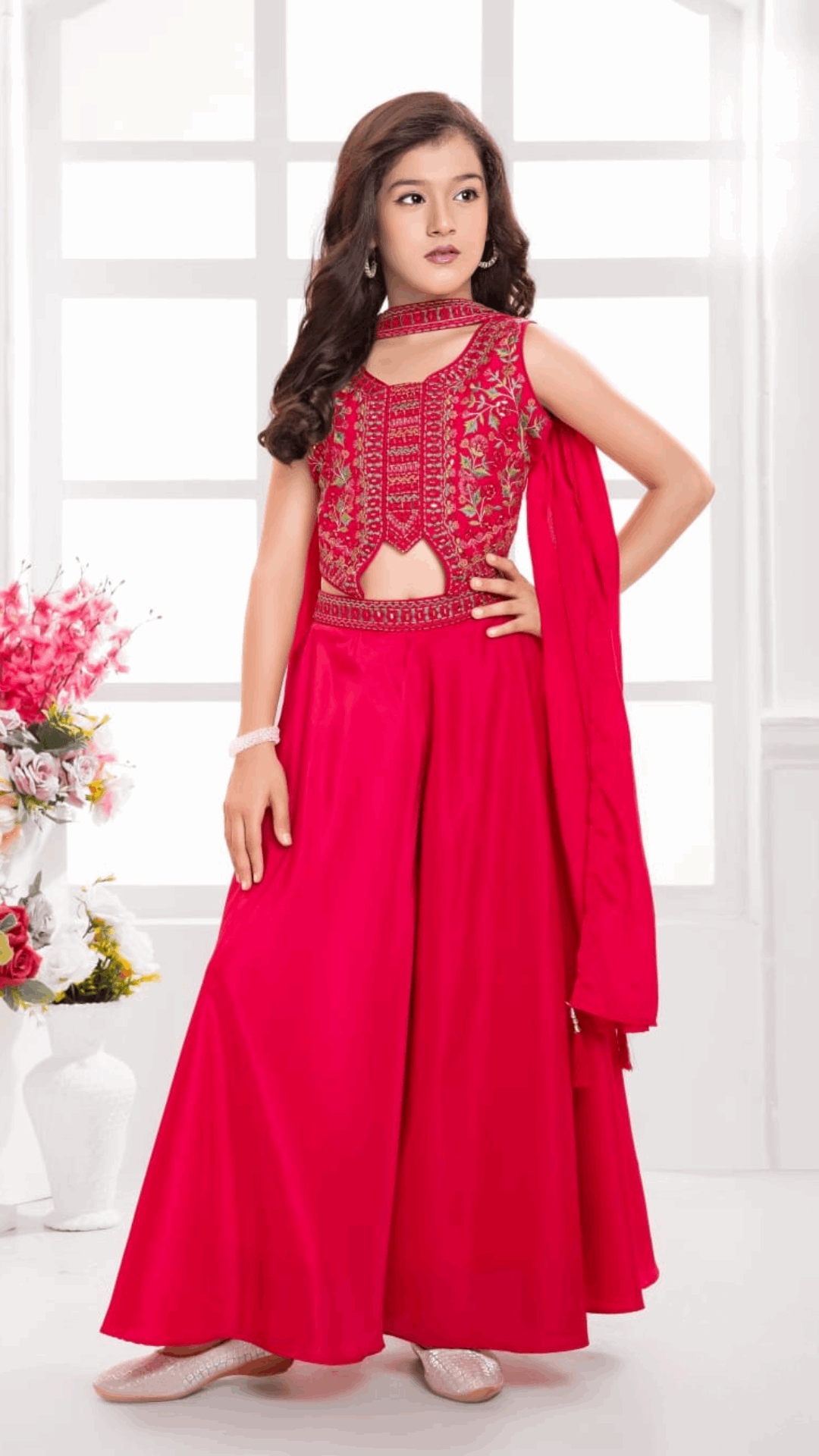 Hot Pink Gold Embroidered Anarkali Gown Set for Girls