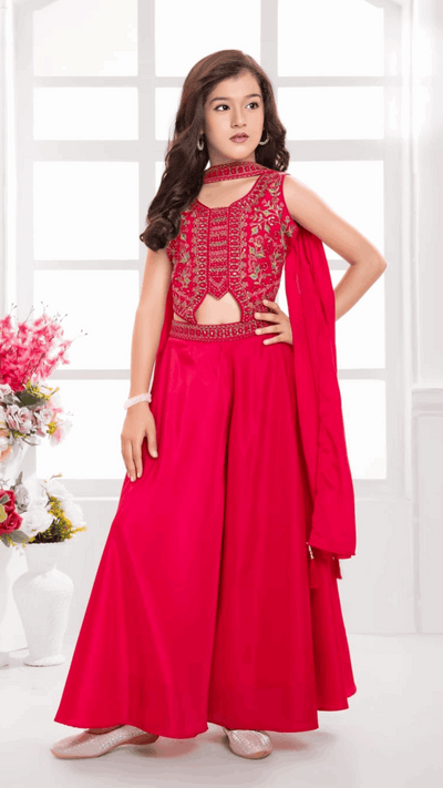 Hot Pink Gold Embroidered Anarkali Gown Set for Girls