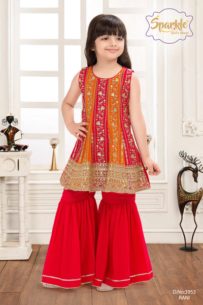 Girls Floral Embroidered Flared Kurti Sharara Set