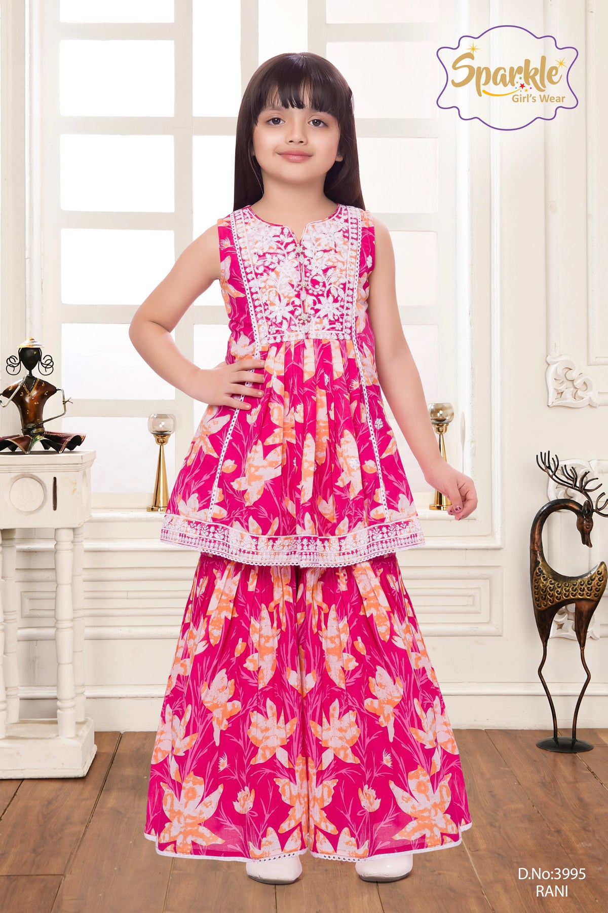 Girls Floral Embroidered Flared Top Plazzo Set