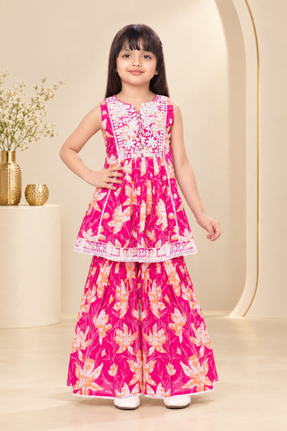 Girls Floral Embroidered Flared Top Plazzo Set